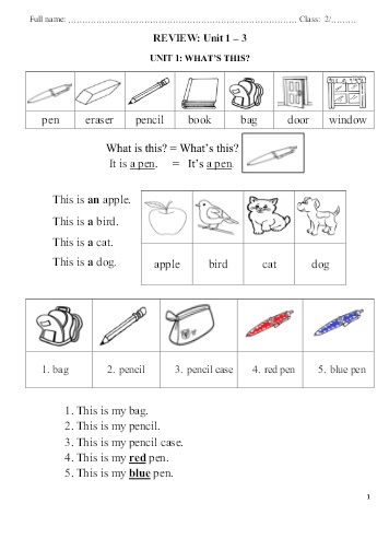 Bài ôn tập môn Tiếng Anh Lớp 2 - Unit 1, 2, 3