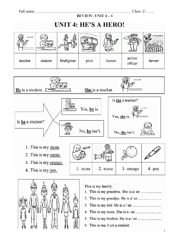 Bài ôn tập môn Tiếng Anh Lớp 2 - Unit 4: Hes a hero!