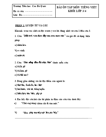 Bài ôn tập môn Tiếng Việt Lớp 3 - Bài số 1 - Trường TH Cao Bá Quát