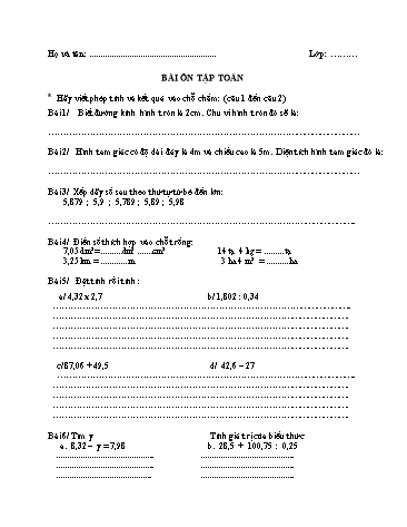 Bài ôn tập môn Toán và Tiếng Việt Lớp 5 - Bài số 1 - Trường TH Cao Bá Quát