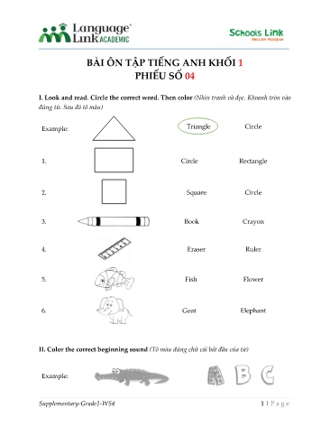Bài ôn tập Tiếng Anh Khối 1 - Phiếu số 4 (Kèm đáp án)