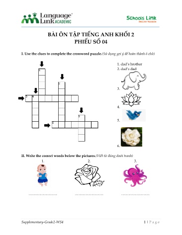 Bài ôn tập Tiếng Anh Khối 2 - Phiếu số 4 (Kèm đáp án)