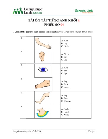 Bài ôn tập Tiếng Anh Khối 4 - Phiếu số 4 (Kèm đáp án)