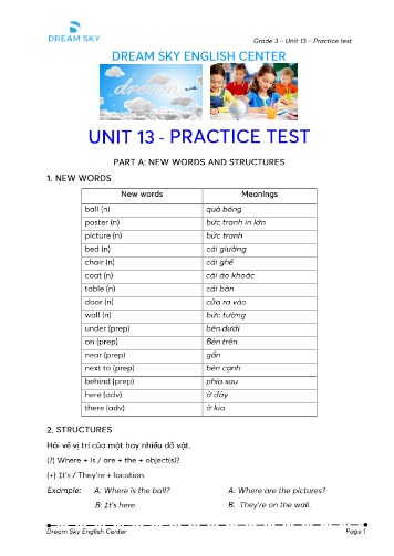 Bài tập thực hành Tiếng Anh Lớp 3 (Dream Sky English Center) - Unit 13 (Kèm đáp án)
