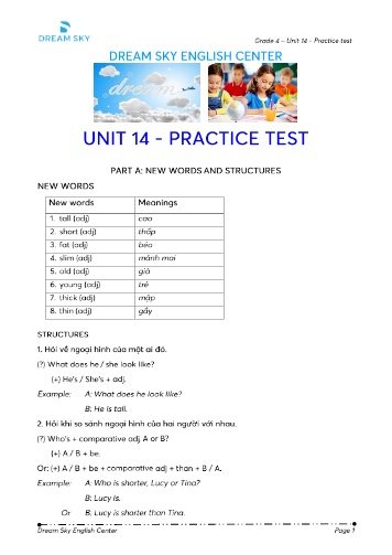 Bài tập thực hành Tiếng Anh Lớp 4 (Dream Sky English Center) - Unit 14 (Kèm đáp án)
