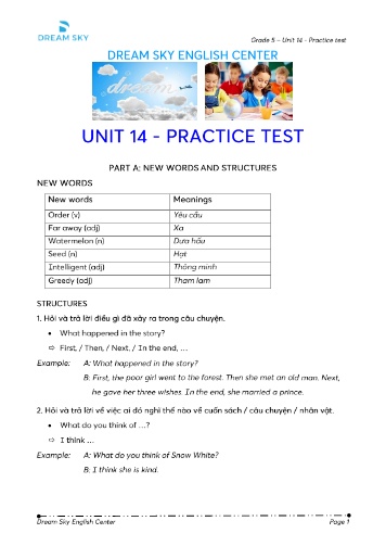 Bài tập thực hành Tiếng Anh Lớp 5 (Dream Sky English Center) - Unit 14 (Kèm đáp án)