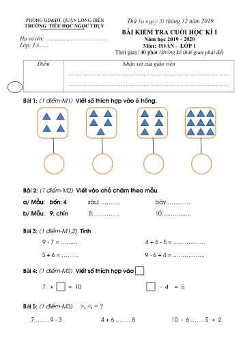 Đề kiểm tra cuối học kì I môn Toán Lớp 1 - Năm học 2019-2020 - Trường TH Ngọc Thụy