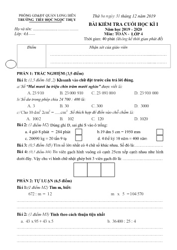 Đề kiểm tra cuối học kì I môn Toán Lớp 4 - Năm học 2019-2020 - Trường TH Ngọc Thụy