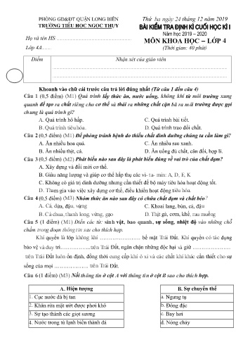 Đề kiểm tra định kì cuối học kì I môn Khoa học Lớp 4 - Năm học 2019-2020 - Trường TH Ngọc Thụy