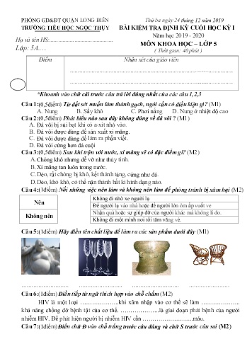 Đề kiểm tra định kì cuối học kì I môn Khoa học Lớp 5 - Năm học 2019-2020 - Trường TH Ngọc Thụy