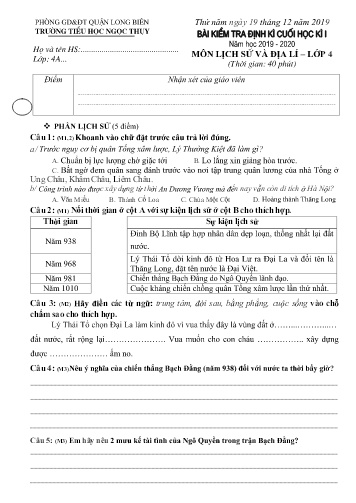 Đề kiểm tra định kì cuối học kì I môn Lịch sử và Địa lí Lớp 4 - Năm học 2019-2020 - Trường TH Ngọc Thụy