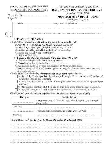 Đề kiểm tra định kì cuối học kì I môn Lịch sử và Địa lí Lớp 5 - Năm học 2019-2020 - Trường TH Ngọc Thụy
