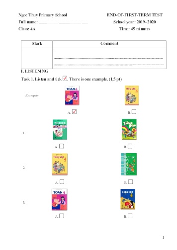 Đề kiểm tra định kì cuối học kì I môn Tiếng Anh Lớp 4 - Năm học 2019-2020 - Trường TH Ngọc Thụy
