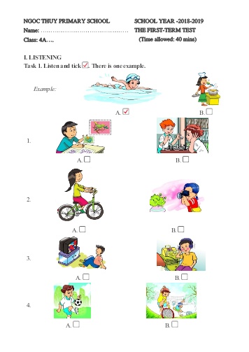 Đề kiểm tra định kì cuối học kì I môn Tiếng Anh Lớp 4 - Năm học 2018-2019 - Trường TH Ngọc Thụy