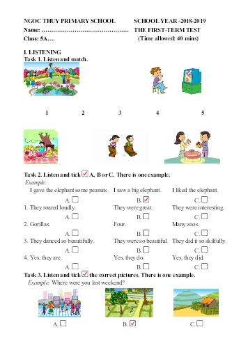 Đề kiểm tra định kì cuối học kì I môn Tiếng Anh Lớp 5 - Năm học 2018-2019 - Trường TH Ngọc Thụy