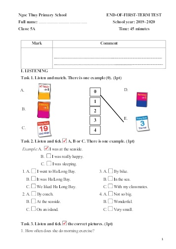 Đề kiểm tra định kì cuối học kì I môn Tiếng Anh Lớp 5 - Năm học 2019-2020 - Trường TH Ngọc Thụy