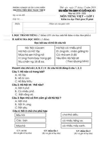Đề kiểm tra định kì cuối học kì I môn Tiếng Việt Lớp 1 - Năm học 2019-2020 - Trường TH Ngọc Thụy (Có đáp án)