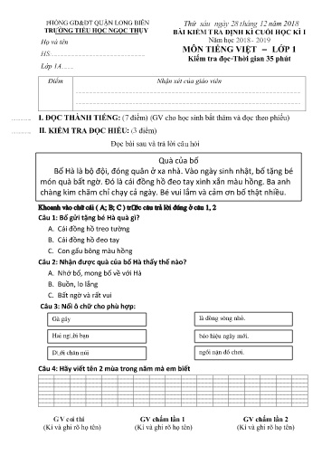 Đề kiểm tra định kì cuối học kì I môn Tiếng Việt Lớp 1 - Năm học 2018-2019 - Trường TH Ngọc Thụy