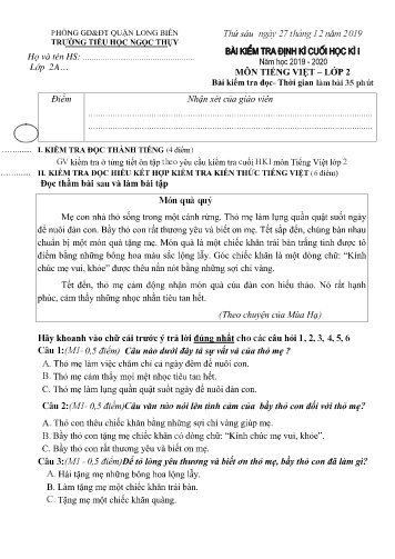 Đề kiểm tra định kì cuối học kì I môn Tiếng Việt Lớp 2 - Năm học 2019-2020 - Trường TH Ngọc Thụy