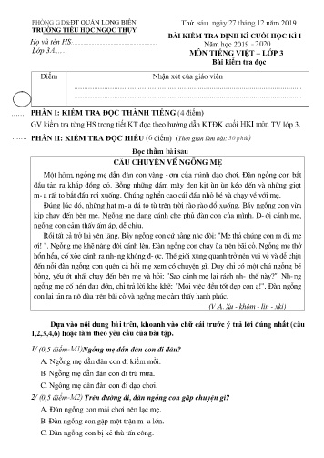 Đề kiểm tra định kì cuối học kì I môn Tiếng Việt Lớp 3 - Năm học 2019-2020 - Trường TH Ngọc Thụy