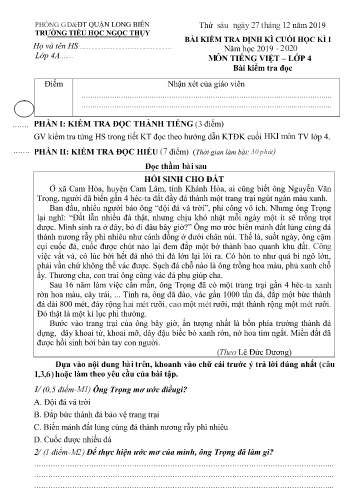 Đề kiểm tra định kì cuối học kì I môn Tiếng Việt Lớp 4 - Năm học 2019-2020 - Trường TH Ngọc Thụy