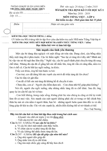 Đề kiểm tra định kì cuối học kì I môn Tiếng Việt Lớp 4 - Năm học 2018-2019 - Trường TH Ngọc Thụy