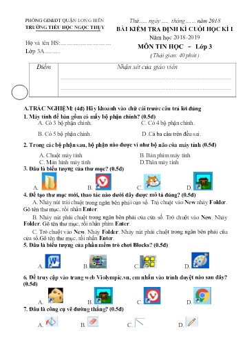 Đề kiểm tra định kì cuối học kì I môn Tin học Lớp 3 - Năm học 2018-2019 - Trường TH Ngọc Thụy