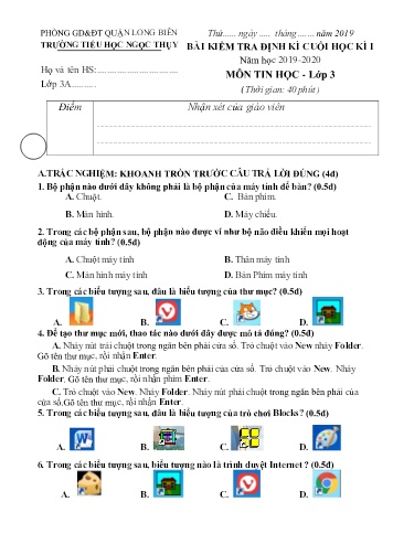Đề kiểm tra định kì cuối học kì I môn Tin học Lớp 3 - Năm học 2019-2020 - Trường TH Ngọc Thụy (Có đáp án)
