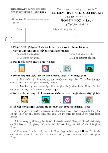 Đề kiểm tra định kì cuối học kì I môn Tin học Lớp 4 - Năm học 2018-2019 - Trường TH Ngọc Thụy