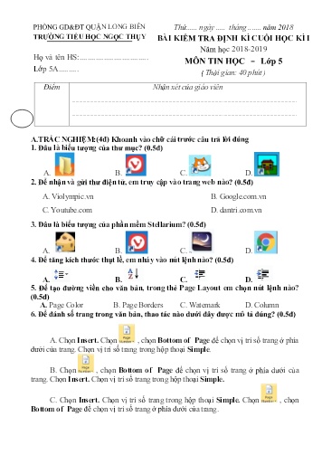 Đề kiểm tra định kì cuối học kì I môn Tin học Lớp 5 - Năm học 2018-2019 - Trường TH Ngọc Thụy