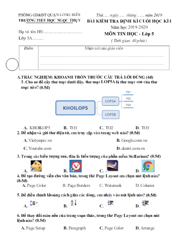 Đề kiểm tra định kì cuối học kì I môn Tin học Lớp 5 - Năm học 2019-2020 - Trường TH Ngọc Thụy (Có đáp án)