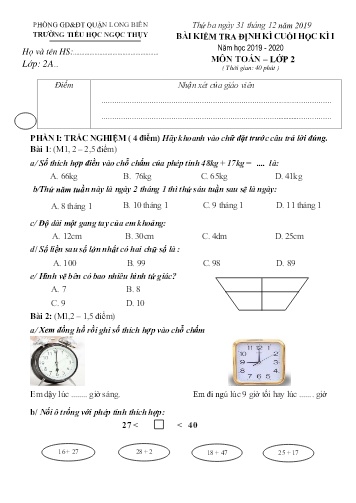 Đề kiểm tra định kì cuối học kì I môn Toán Lớp 2 - Năm học 2019-2020 - Trường TH Ngọc Thụy