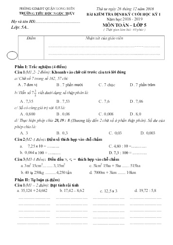 Đề kiểm tra định kì cuối học kì I môn Toán Lớp 5 - Năm học 2018-2019 - Trường TH Ngọc Thụy