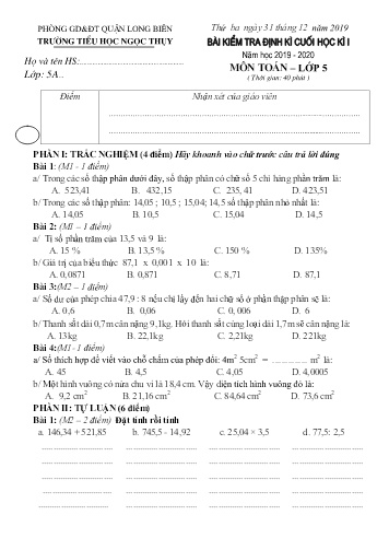 Đề kiểm tra định kì cuối học kì I môn Toán Lớp 5 - Năm học 2019-2020 - Trường TH Ngọc Thụy