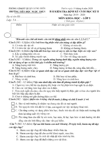 Đề kiểm tra định kì cuối học kì II môn Khoa học Lớp 5 - Năm học 2019-2020 - Trường TH Ngọc Thụy