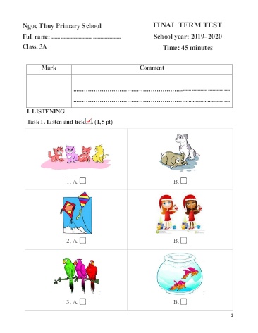 Đề kiểm tra định kì cuối học kì II môn Tiếng Anh Lớp 3 - Năm học 2019-2020 - Trường TH Ngọc Thụy