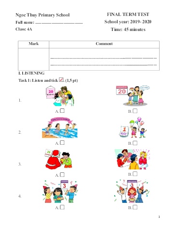 Đề kiểm tra định kì cuối học kì II môn Tiếng Anh Lớp 4 - Năm học 2019-2020 - Trường TH Ngọc Thụy