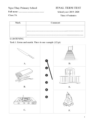 Đề kiểm tra định kì cuối học kì II môn Tiếng Anh Lớp 5 - Năm học 2019-2020 - Trường TH Ngọc Thụy