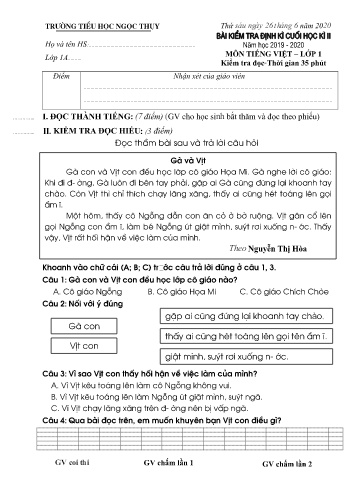 Đề kiểm tra định kì cuối học kì II môn Tiếng Việt Lớp 1 - Năm học 2019-2020 - Trường TH Ngọc Thụy (Có đáp án)