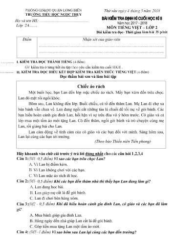 Đề kiểm tra định kì cuối học kì II môn Tiếng Việt Lớp 2 - Năm học 2017-2018 - Trường TH Ngọc Thụy