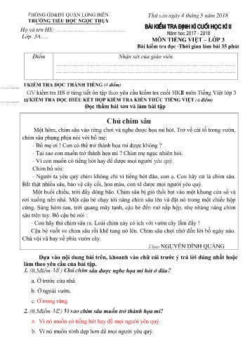 Đề kiểm tra định kì cuối học kì II môn Tiếng Việt Lớp 3 - Năm học 2017-2018 - Trường TH Ngọc Thụy