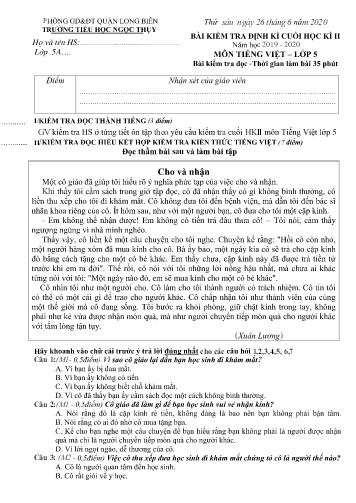 Đề kiểm tra định kì cuối học kì II môn Tiếng Việt Lớp 5 - Năm học 2019-2020 - Trường TH Ngọc Thụy