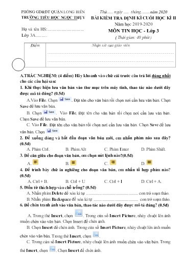 Đề kiểm tra định kì cuối học kì II môn Tin học Lớp 3 - Năm học 2019-2020 - Trường TH Ngọc Thụy (Có đáp án)