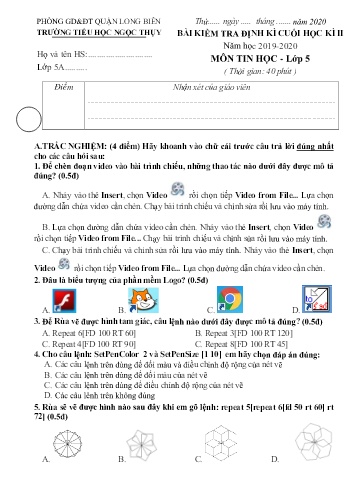 Đề kiểm tra định kì cuối học kì II môn Tin học Lớp 5 - Năm học 2019-2020 - Trường TH Ngọc Thụy (Có đáp án)