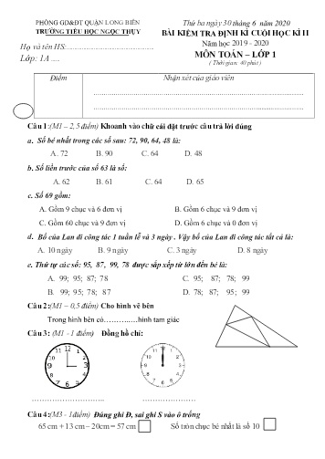 Đề kiểm tra định kì cuối học kì II môn Toán Lớp 1 - Năm học 2019-2020 - Trường TH Ngọc Thụy