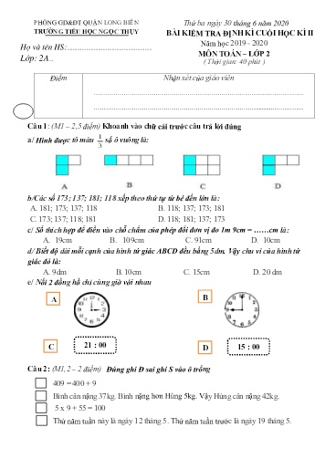 Đề kiểm tra định kì cuối học kì II môn Toán Lớp 2 - Năm học 2019-2020 - Trường TH Ngọc Thụy