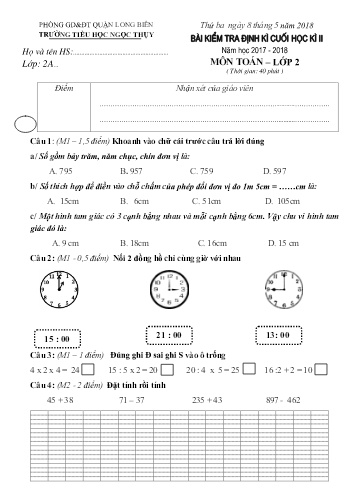 Đề kiểm tra định kì cuối học kì II môn Toán Lớp 2 - Năm học 2017-2018 - Trường TH Ngọc Thụy
