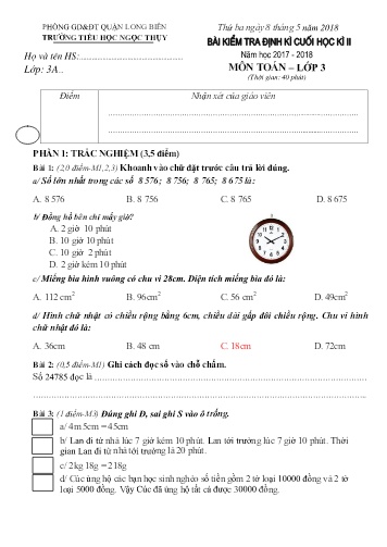 Đề kiểm tra định kì cuối học kì II môn Toán Lớp 3 - Năm học 2017-2018 - Trường TH Ngọc Thụy