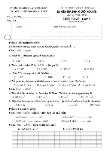 Đề kiểm tra định kì cuối học kì II môn Toán Lớp 5 - Năm học 2017-2018 - Trường TH Ngọc Thụy