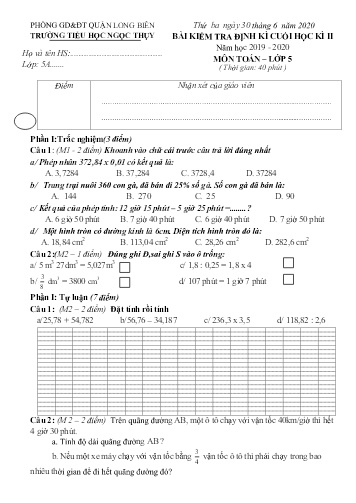 Đề kiểm tra định kì cuối học kì II môn Toán Lớp 5 - Năm học 2019-2020 - Trường TH Ngọc Thụy